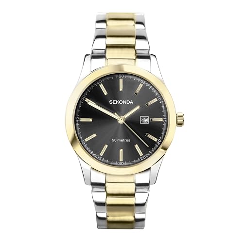 Sekonda Colour Pop Damen Armbanduhr 34 mm in Grau mit analoger Datumsanzeige und zweifarbigem Edelstahlarmband 40429. von SEKONDA