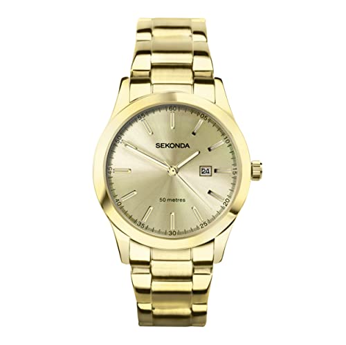 Sekonda Colour Pop Damen-Armbanduhr mit analoger Datumsanzeige, 34 mm Quarz, champagnerfarben, mit goldfarbenem Edelstahlarmband 40428. von SEKONDA
