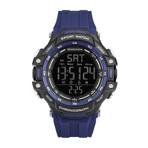 Sekonda Crossfell Digitale Herren-Quarzuhr, 53 mm, schwarzes LCD mit digitaler 100-Jahres-Kalenderanzeige und schwarzem Kunststoffarmband, Blau, Blau, Armband von SEKONDA