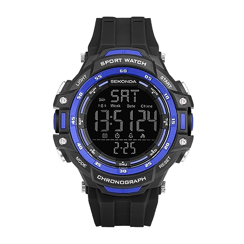 Sekonda Crossfell Digitale Herren-Quarzuhr, 53 mm, schwarzes LCD mit digitaler 100-Jahres-Kalenderanzeige und schwarzem Kunststoffarmband, Schwarz, Blau, Armband von SEKONDA