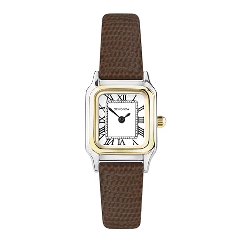 Sekonda Damen Quarzwerk Armbanduhr, 23.00mm GehäusegröÃŸe mit weiÃŸ analog Zifferblatt und braun Leder Armband 40294 von SEKONDA