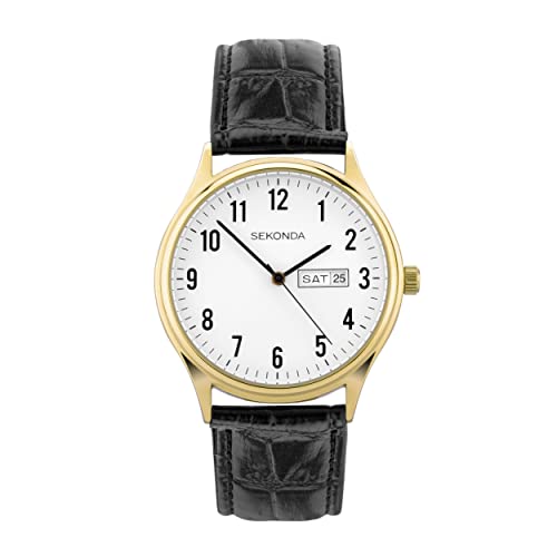 Sekonda Easy Reader Damen-Armbanduhr, 36 mm, Quarz, analog, Tag-/Datumsanzeige, schwarzes Lederarmband, gold von SEKONDA