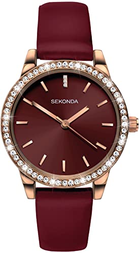 Sekonda Editions Damen-Armbanduhr Analog Quarz mit roségoldenem Gehäuse und burgunderrotem Armband 40335 von SEKONDA