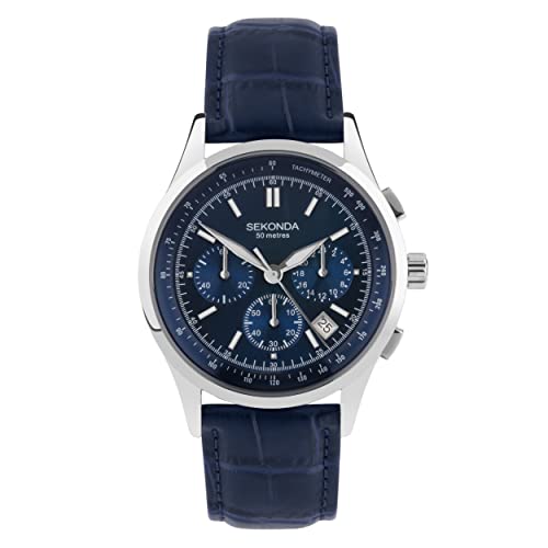 Sekonda Racer Herren-Quarzuhr 42 mm in Blau mit analoger Datumsanzeige und blauem Lederband 30108, Armband von SEKONDA