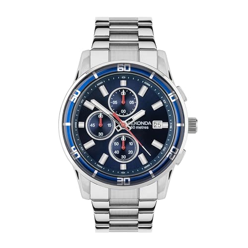 Sekonda Sport Midnight Herren-Chronograph, 44 mm, analog, Datumsanzeige, silberfarbenes Edelstahlarmband, blau / silber, Japanisch von SEKONDA
