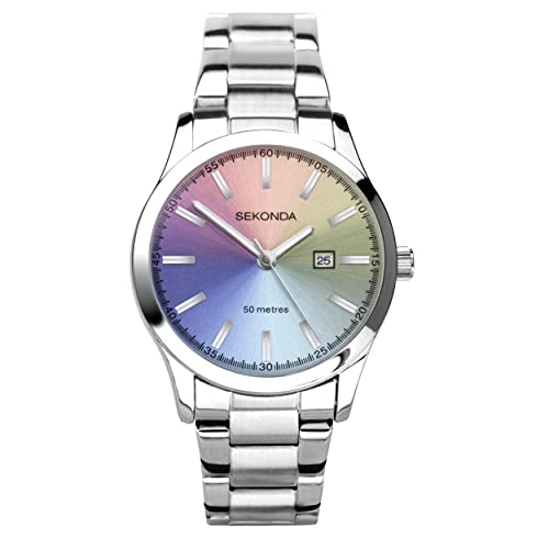 Sekonda Taylor 40534 Unisex-Armbanduhr, 34 mm, Regenbogenfarben, analog, Datumsanzeige, Edelstahl-Armband, silberfarben von SEKONDA