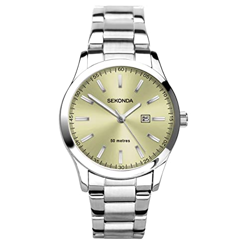 Sekonda Taylor 40547 Unisex-Armbanduhr, 34 mm, Quarz, analog, Datumsanzeige, silberfarbenes Edelstahl-Armband, Gelb von SEKONDA