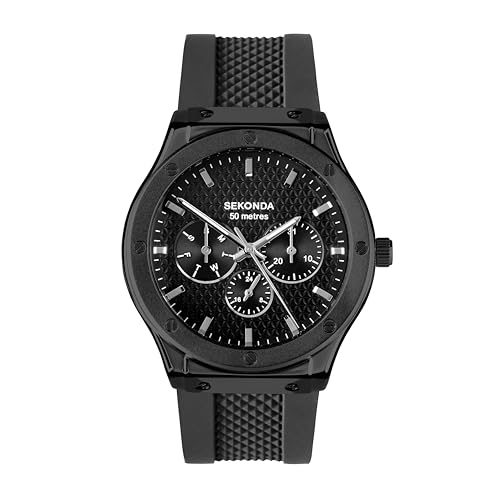 Sekonda Titan Herren 42 mm Quarzuhr in Schwarz mit analoger Tages-/Datumsanzeige und schwarzem Silikonarmband, Schwarz , Armband von SEKONDA