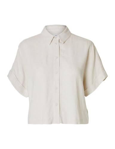 SELECTED FEMME Damen Bluse elegant Knopfleiste Hemdkragen Kurzarm gerader Saum, Farben:Sand, Größe:34 von SELECTED FEMME