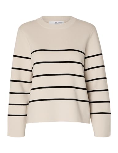 SELECTED FEMME Damen SLFLIVA LS Knit O-Neck NOOS Pullover, Birch/Stripes:Black, S von SELECTED FEMME