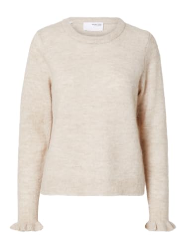 SELECTED FEMME Damen SLFLULU LS Knit Frill Cuff O-Neck NOOS Strickpullover, Birch/Detail:Melange, M von SELECTED FEMME