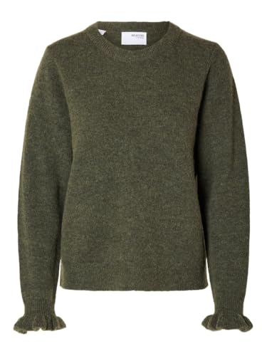 SELECTED FEMME Damen SLFLULU LS Knit Frill Cuff O-Neck NOOS Strickpullover, Kalamata/Detail:Melange, L von SELECTED FEMME