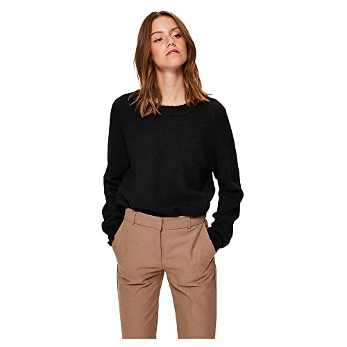Damen Selected Rundhals Strickpullover | Lockerer Feinstrick Wollpullover | SLFLULU Sweater, Farben:Schwarz, Größe:L von SELECTED FEMME