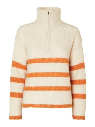 SELECTED FEMME Damen SLFMALINE LS Knit Half Zip NOOS Strickpullover, Birch/Stripes:Marmalade, M von SELECTED FEMME