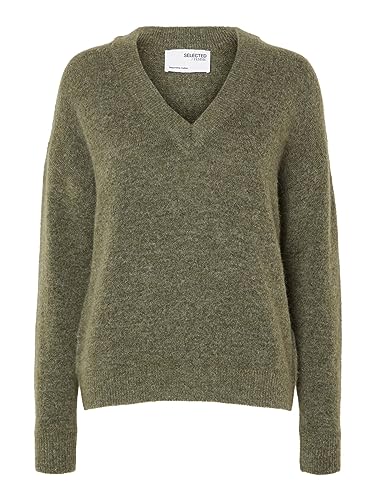 SELECTED FEMME Damen SLFMALINE LS Knit V-Neck NOOS Strickpullover, Dusky Green/Detail:Melange, Small von SELECTED FEMME