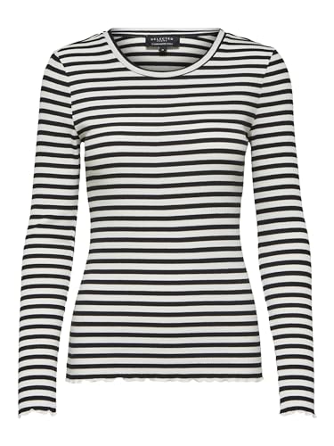 Damen Selected Basic Langarm Shirt Dünner Longsleeve Pullover SLFANNA Baumwolle Sweatshirt, Farben:weiß/schwarz, Größe:L von SELECTED FEMME