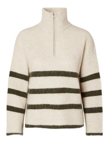 SELECTED FEMME Damen SLFMALINE LS Knit Half Zip NOOS Strickpullover, Birch/Stripes:Kalamata, S von SELECTED FEMME