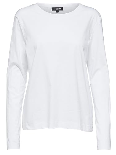 Selected Damen Basic Langarm Shirt | Dünner Longsleeve Pullover | SLFSTANDARD Baumwolle Sweatshirt, Farben:Weiß, Größe:L von SELECTED FEMME