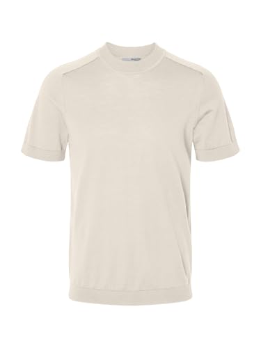 Selected Homme Herren Rundhals T-Shirt SLHTRAY SS Knit Merino Crew - Regular Fit, Größe:L, Farbe:Egret 16096370 von SELECTED FEMME