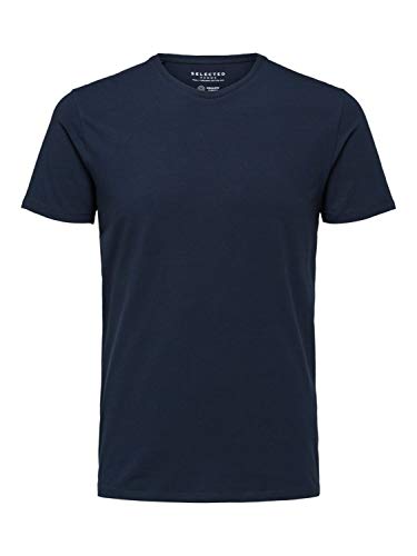 Herren Selected Basic T-Shirt | Einfarbiges Rundhals Kurzarm Shirt SLHNEWPIMA | Jersey Stretch Baumwolle, Farben:Navy, Größe:XL von SELECTED HOMME