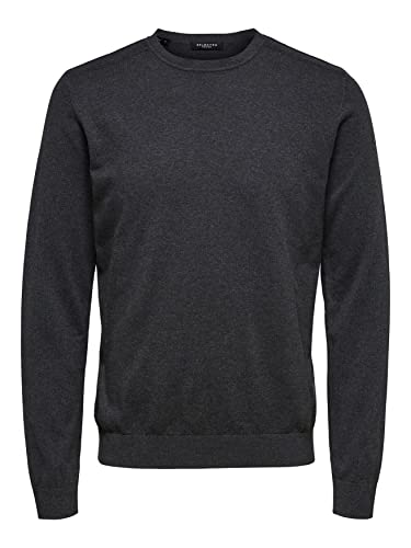 Herren Selected Rundhals Pullover | Einfarbiges Feinstrick Langarm Shirt SLHBERG | Baumwolle Sweater, Farben:Dunkelgrau, Größe Pullover:XL von SELECTED HOMME