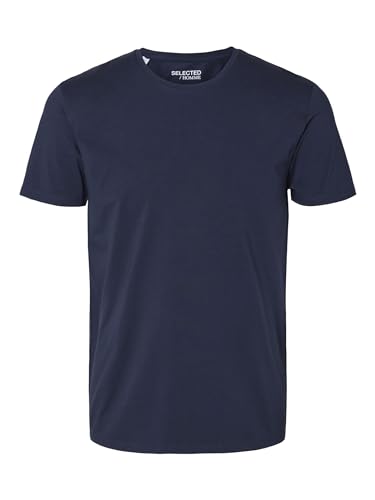 Herren Selected Basic T-Shirt | Einfarbiges Rundhals Kurzarm Shirt SLHNEWPIMA | Jersey Stretch Baumwolle, Farben:Navy, Größe:XL von SELECTED HOMME
