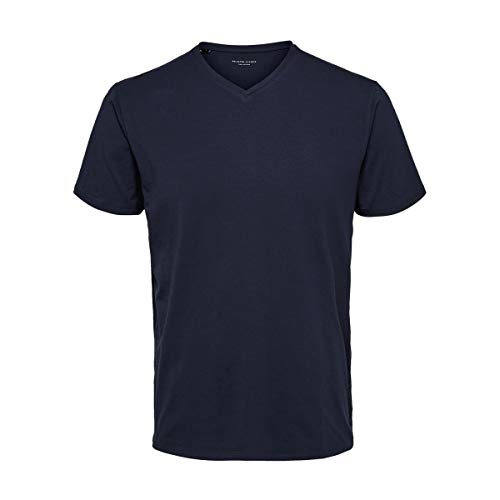 Herren Selected V-Ausschnitt T-Shirt | Einfarbiges Basic Kurzarm Shirt SLHNEWPIMA | Stretch Baumwolle, Farben:Navy, Größe:XXL von SELECTED HOMME