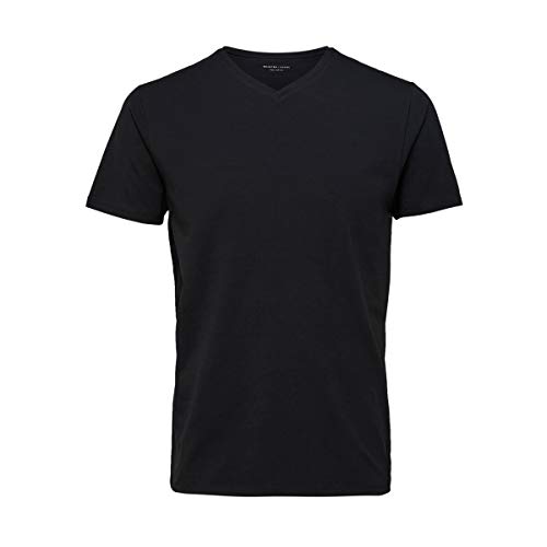 Herren Selected V-Ausschnitt T-Shirt | Einfarbiges Basic Kurzarm Shirt SLHNEWPIMA | Stretch Baumwolle, Farben:Schwarz, Größe:M von SELECTED HOMME