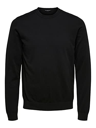 Herren Selected Rundhals Pullover | Einfarbiges Feinstrick Langarm Shirt SLHBERG | Baumwolle Sweater, Farben:Schwarz, Größe Pullover:M von SELECTED HOMME