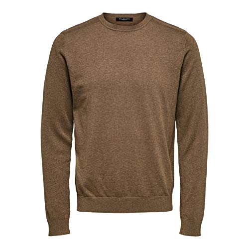 Herren Selected Rundhals Pullover | Einfarbiges Feinstrick Langarm Shirt SLHBERG | Baumwolle Sweater, Farben:Braun, Größe Pullover:M von SELECTED HOMME