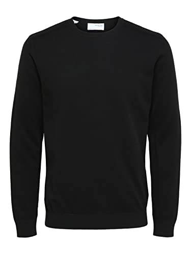 Herren Selected Rundhals Pullover | Einfarbiges Feinstrick Langarm Shirt SLHBERG | Baumwolle Sweater, Farben:Schwarz, Größe Pullover:XL von SELECTED HOMME