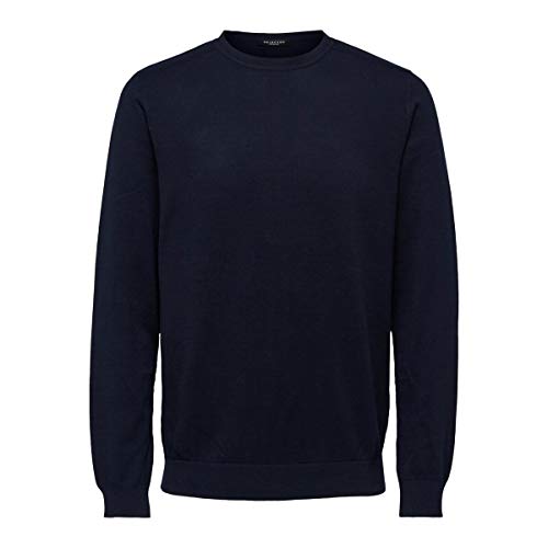 Herren Selected Rundhals Pullover | Einfarbiges Feinstrick Langarm Shirt SLHBERG | Baumwolle Sweater, Farben:Navy, Größe Pullover:XXL von Selected