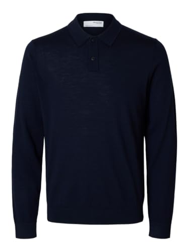 SELETED HOMME Herren SLHTRAY LS Knit Merino Polo NOOS Pullover, Navy Blazer, Large von SELETED HOMME