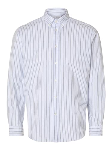 Selected Homme Slhslimrick Poplin Shirt LS Noos, Herrenhemd, Langarmhemd, 100% Baumwolle, Freizeithemd oder Businesshemd, Weiß gestreift von SELETED HOMME