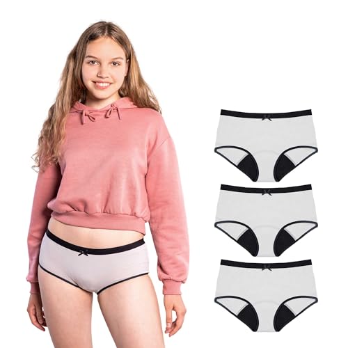 SELENACARE Teenager Periodenunterwäsche Hipster (3er Multipack) - Menstruationsunterwäsche für Teens, waschbar, 100% vegan, nachhaltig, 20ml Absorption, Grau, Größe 152 von SELENACARE