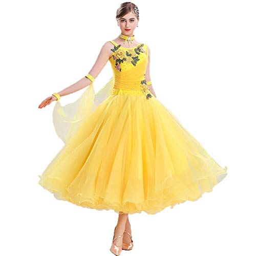 Ärmellose Stickerei Ballsaal Tanzkleid Ärmel National Standard Wettbewerb Kostüm Moderne Walzer Tango Tanzkleid, gelb, 3XL von SELICO