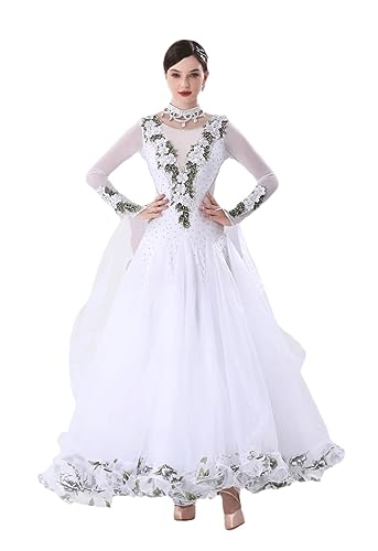 Damen Langarm Wettbewerb Performance Tanzkleid Ballsaal Tanzkleid Modern Walzer Tango Dancewear (Farbe: Weiß, Größe: Medium) von SELICO