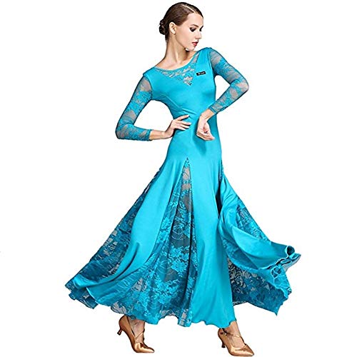Frauen Rückenfrei Ballsaal Spitze Ärmel Lange Swing Professionelle Wettbewerb Moderne Walzer Spitze Spleißen Kleider, Pfauenblau, L von SELICO