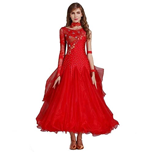 Langärmeliges Spitzenkleid Ballsaal Wettkampfkleid Foxtrot Tanzen für Frauen Modern Walzer Tango Kleid, Rot/Ausflug, einfarbig (Getaway Solids), Mittel von SELICO
