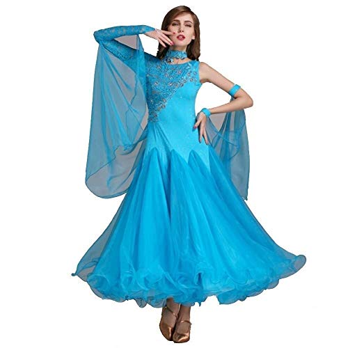 Langärmeliges Spitzenkleid Ballsaal Wettkampfkleid Foxtrot Tanzen für Frauen Modern Walzer Tango Kleid, Seeblau, Mittel von SELICO
