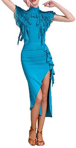 SELICO Eis Seide Rüschen Ärmel Latein Ballsaal Kleid für Frauen Ballsaal Tanz Kostüm Tango Salsa Latein Tanzkleid, Blau, L von SELICO