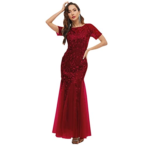 Sommerparty Abendkleid Langes Fischschwanzkleid, Paillettenkleid bestickt kurzärmelig schlank Brautjungfernkleider Kleider (Farbe: Burgunderrot, Größe: 4X-Large) von SELICO