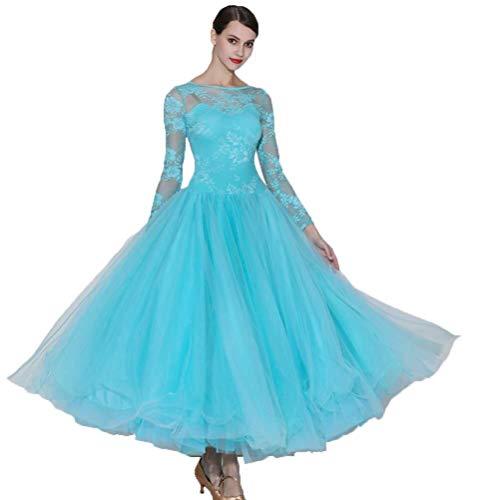 Spitze Langarm Prom Kleider für Frauen Moderne Tanzkleid Big Swing Kleid Rundhals Kleid, Blau, XXL von SELICO