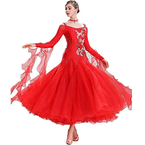 V-Ausschnitt Zeitgenössische Dancewear Prom Kleider Walzer Tango Dance Kostüm Langarm Performance Ballsaal Tanzkleid, rot, XXL von SELICO