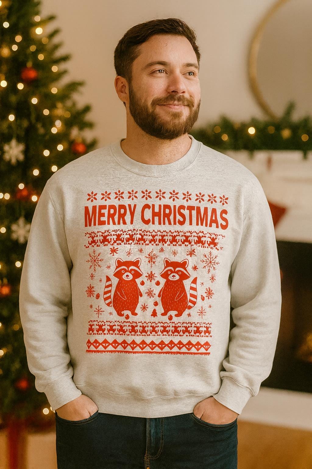 Merry Christmas Red Raccoons Crewneck Sweatshirt | Holiday Sweater Design von SELIFSHOP
