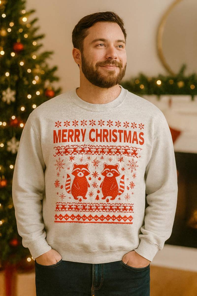 Merry Christmas Red Raccoons Crewneck Sweatshirt | Holiday Sweater Design von SELIFSHOP