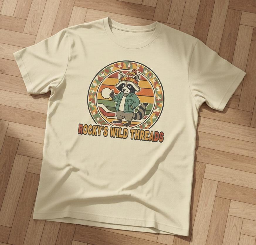 Retro Raccoon Graphic T-Shirt | Vintage Striped Sunset, Rocky's Wild Threads von SELIFSHOP