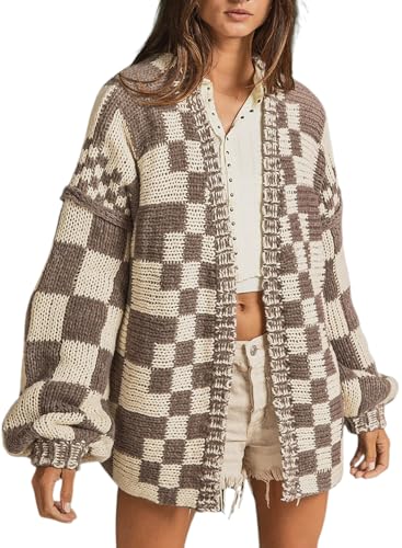 SELINK Damen Cardigan Pullover Vintage Open Front Mixed Kariert Muster Grobstrick Plaid Langarm Täglich Outwear, Kaffee, X-Large von SELINK