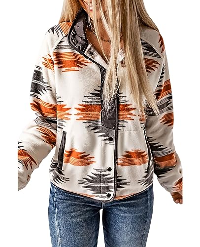 SELINK Damen-Fleecejacke, Western-Azteken-Druck, langärmelig, Druckknopfverschluss, Shacket Jacken mit Taschen, GRAU, XXL von SELINK