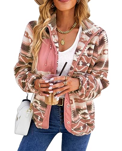 SELINK Damen-Fleecejacke, Western-Azteken-Druck, langärmelig, Druckknopfverschluss, Shacket Jacken mit Taschen, Pink, M von SELINK